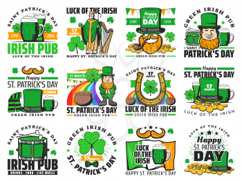 Patricks Day Irish vector icons, religion holiday design. Shamrock clover leaf, leprechaun and pot with gold, green ale beer, hat and horseshoe, Ireland flag, orange beard, mustache and rainbow icon