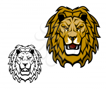 Lion head mascot. King of animal, african safari, sport club or heraldic vector symbol. Savannah wild cat roaring showing teeth, fangs and brown mane. Isolated cartoon sport mascot