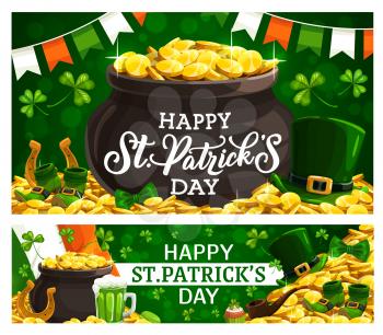 Happy Saint Patricks day, Irish holiday poster with leprechaun gold coins in cauldron on green shamrock background. Vector Ireland flags, cupcake and golden horseshoe with leprechaun hat