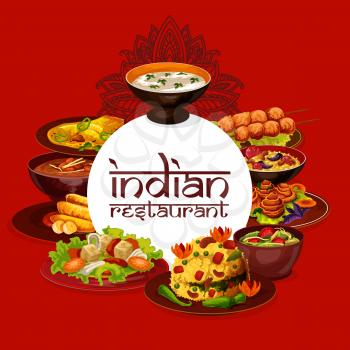 Indian cuisine restaurant menu, authentic dishes cooking recipe book. Vector pulao and bananas in butter, murgs badams and shorba soup, lemon with cashew and rice in mint sauce meals