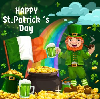 Irish leprechaun with Patrick Day green ale beer and shamrock. Vector hat with gold, cauldron of treasure golden coins on rainbow and smoking pipe, flag of Ireland and drum cartoon objects
