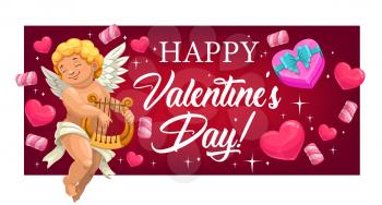 Cupid with lyre, hearts greeting banner of love holiday. Vector amur or cherub playing lyre, romantic gift or present box, ribbon, bow and red hearts, candies, angel wings and marshmallows