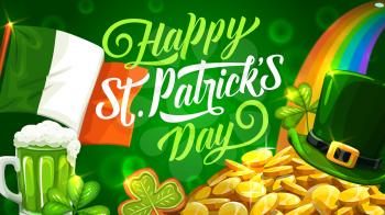 Happy Patricks day fest symbols. Vector Irish flag, mug of ale beer, leprechaun hat with plaque on piles of gold. Rainbow and golden coins, gingerbread cookies on blurred green