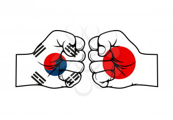 Japan and South Korea, two clenched fists facing each other. Trade war and economic conflict between two asian countries, national flags on fist