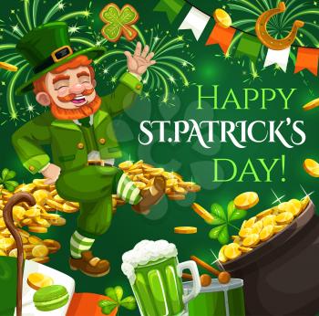 Happy Saint Patricks day, Ireland holiday celebration. Vector flags, shamrock clover leaf and dancing leprechaun with gold coins pot. Irish Patricks day party fireworks and ale beer mug