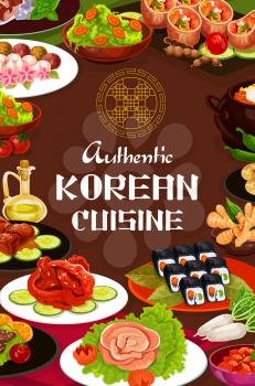 Korean cuisine restaurant and cafe menu, asian traditional food cooking recipe book cover. Vector Korean noodles, meat and seafood dumplings, kimbap rolls and kimchi salads, bulgogi and soup
