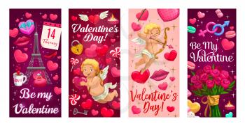 Valentines Day vector banners with love hearts, Cupids and gifts. Rings, romantic flower bouquet and calendar, candles, cupid angels with arrows and bow, candy, key and padlock