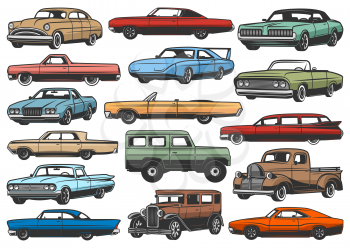 Retro cars and vintage rarity vehicles isolated vector models. Automobiles, cabriolet with retractable top and limousine, pickup truck and crossover, sport car and sedan, hatchback