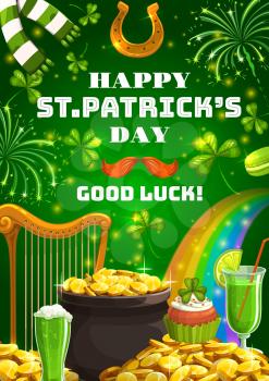 Wishes of good luck on Patricks day. Vector horseshoe and Irish holiday, pot of gold, harp and rainbow. Green cocktails, ale beer and macaroons, piles of golden coins, fireworks and scarf