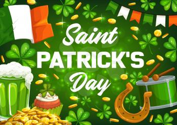 Saint Patricks day, traditional Irish holiday party. Vector Patricks Day Ireland flag, lucky golden horseshoe and shamrock clover, leprechaun gold coins and green ale beer mug