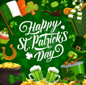 Patricks day vector shamrock leaves, leprechaun hat and gold pot. Irish holiday green beer, clover, golden coins and horseshoe, flag of Ireland and drum with greeting wishes