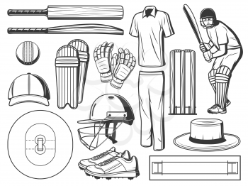Cricket sport game icons with vector ball, bats and wicket, batsman player, helmet and team uniform, gloves, play field with pitch and creases, leg pads, spiked shoes, sun hat and cap. Sport equipment