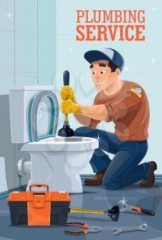 Plumbing service vector design with plumber and work repair tools. Handyman unclogging toilet with plunger, pipe wrench, spanner and toolbox, plumbing system, sewage or tap water pipelines maintenance
