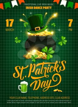 St Patricks Day party vector poster of religion holiday design. Irish pub green beer, shamrock, leprechaun hat and pot of gold, clover leaves and festive bunting garland in colors of Ireland flag