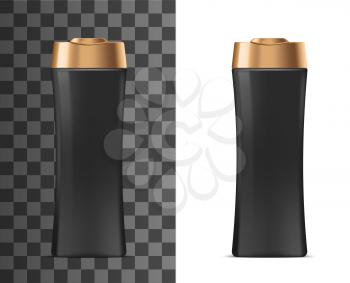 Shampoo cosmetic bottle 3d vector mockups. Black plastic package with blank label and golden flip top cap templates, cream, body lotion or soap packs, shower gel or hair conditioner containers design