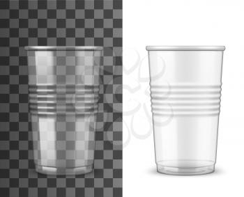 Clear plastic cup 3d mockups with cold drink disposable containers. Vector templates of takeaway beverage mugs for ice coffee, tea and juice, cocktail, milkshake and beer, soda and water