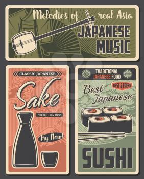 Japanese travel and culture vector design of Asian food, drink and music symbols. Sushi with chopsticks, sake set and geisha kimono, Fuji, sakura and bonsai tree, paper fan and shamisen instrument