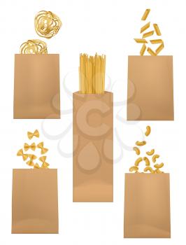 Pasta package vector templates of paper bag 3d mockups with Italian spaghetti, macaroni and farfalle, penne, elbow and vermicelli, noodles and tagliatelle nests. Wheat cereal food packaging design