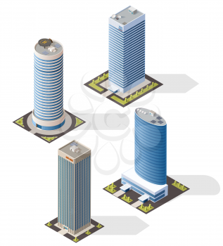 Skyscraper buildings 3d isometric design, vector houses of bank and office, business center towers. Commercial real estate and luxury apartments architecture with glass facades, streets, car parks