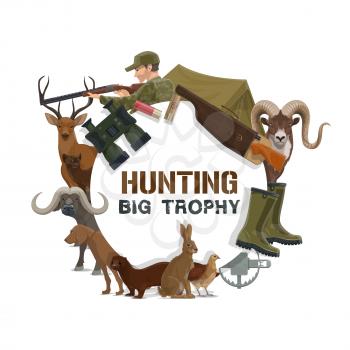 Hunting sport trophy icon with vector hunter guns, equipment and animals. Hunting dog, rifle and deer, weapon, huntsman and bull, tourist tent, binoculars and trap, quail, hare, marten and cartridge