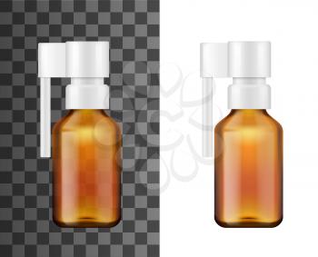 Spray bottle 3d mockups with sore throat, oral or nasal medicines. Brown glass medical container vector templates with plastic dispensers and extension tubes, pharmaceutical packaging design