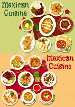 Mexican tacos, fajitas and nachos with meat, vegetable, salsa and guacamole sauce. Stuffed pepper, bean sandwiches and chicken quesadilla, rice with beef chilli con carne, tomato soup and bacon potato