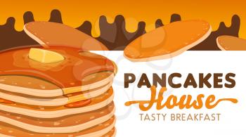 Pancake stack with butter, syrup of maple and honey vector banner of pancake house, cafe and bakery shop design. Breakfast food or american brunch flat crepes with sweet sauce and caramel drops
