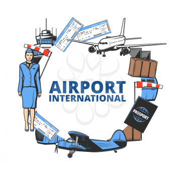 Airport and air travel vector icon with plane, passport and tower, flight tickets and luggage frame. Arrival and departure passenger control, suitcase baggage and boarding pass, jet bridge, windsock