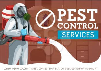 Pest control worker spraying insecticide against insects and rodents vector design. Exterminator with pressure sprayer, cockroach prohibition sign, chemical protective suit and mask