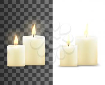 Candles 3d vector design with realistic flame. Aromatic wax cylindrical candles with burning wicks and bright light on transparent and white background, religious ceremony, interior decoration themes