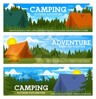 Summer camp, forest and mountain adventure vector banners of travel and camping design. Tourist tent, campfire, green trees and grass, outdoor exploration, hiking, trekking or scout trip themes