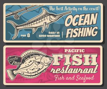 Fish and fisherman rod retro banners of fishing sport club and seafood restaurant menu vector design. Blue marlin, mackerel and flounder or flatfish with fishing tackle, lure and reel