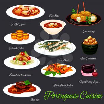 Portuguese food vector design of grilled sardines, fish soup and croquettes, stuffed squid, beef stew and piri-piri chicken, custard tart, rice with chicken stewed in wine, cherry liquor, cod fritters