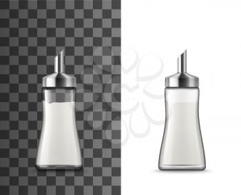 Salt shaker 3d templates with glass bottles of food seasonings and condiments. Vector mockups of containers or dispensers with sea salt powder and pouring spouts, kitchen tableware design