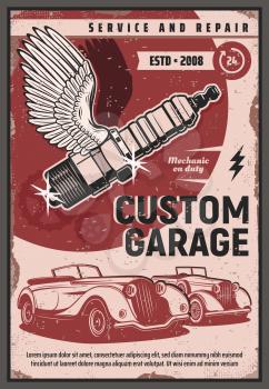Vintage cars vector design of auto repair service or mechanic garage. Old vehicles with mechanical gears, winged spark plug and lightnings, retro automobiles diagnostics and maintenance