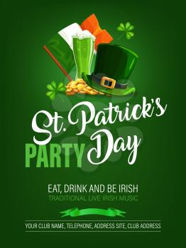 St Patricks Day holiday party vector design of Irish pub poster. Leprechaun hat, green beer mug, shamrock or clover leaves, lucky gold coins and flag of Ireland, invitation of Patrick Day celebration