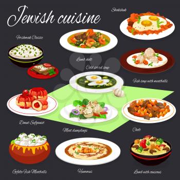 Jewish cuisine vector design of hummus, eggs with vegetables, meat and chickpea stew, forshmak, gefilte fish and fruit donuts. Sorrel and meatball soups, beef dumpling and lamb with couscous