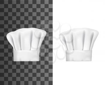 Chef hat or cook cap 3d vector mockups. White baker toque realistic design of professional uniform headwear of restaurant and cafe kitchen staff on transparent and white background