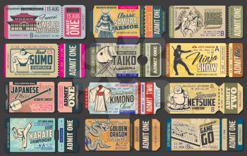 Ticket templates of Japanese travel vector design. Entrance coupons of asian dragon and music festivals, kimono and samurai armor museum exhibitions, sumo championship, ninja and horse archer shows