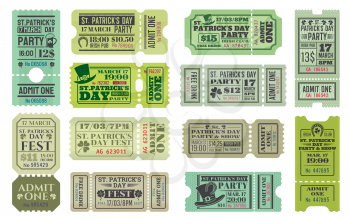 St Patricks Day party ticket vector templates of Irish pub religious holiday celebration. Admit one coupons with shamrock and green beer, leprechaun hats, lucky clover leaves and horseshoes