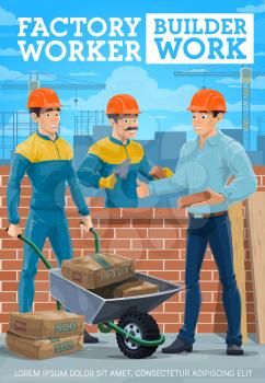 Builders, masons and bricklayers, construction industry and masonry design. Build workers building brick wall with trowel, cement bags and wheelbarrow, helmets, uniforms and work tools