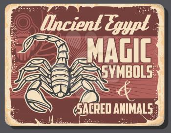 Ancient Egypt scarab beetle and scorpion animal vector design of Egyptian religious symbols. Magic bug with open wings and sun in paws, sacred animal of Serket goddess, Egyptian mythology retro poster
