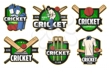 Cricket sport game vector badges with balls, bats and wickets, batsman player, helmet and team uniform, glove, leg pads and play field on shields. Cricket club and championship emblems design