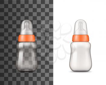 Baby bottle 3d vector mockups. Empty plastic or glass containers with silicone nipples or pacifier and caps. Realistic templates of feeding or nursing bottle on transparent and white background
