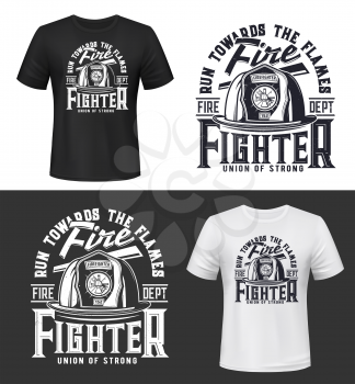 Tshirt print with firefighters helmet, ax, ladder and typography, vector apparel mockup. Fire department rescue team, emergency service black and white t shirt print design isolated label or emblem