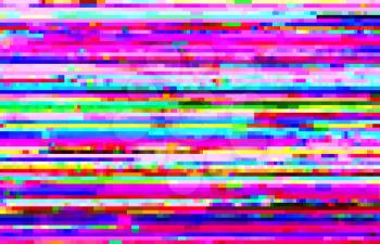 Abstract background with glitch effect, vector distortion, glitched colored horizontal stripes and random pixels on Television set or video camera screen. Distorted glitch effect, no signal TV frame