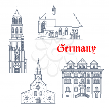 Germany landmarks German travel architecture vector icons. Germany Baden Wurttemberg landmarks of Rottweil chapel church, Magnuskirche in Worms, Creglingen Allmachtigen Gottes Kirche and Mackert-Haus