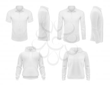 Men clothes vector shirts with short and long sleeves and hoody apparel mockup. White 3d male casual garment template, blank clothing outfit design front and side view isolated realistic objects set