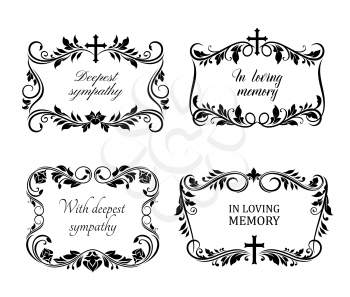 Funeral cards, vector vintage condolence floral wreaths, ornament with flourishes, cross and obituary typography. Retro frames, obsequial memorial, funeral sorrowful borders or necrology templates set