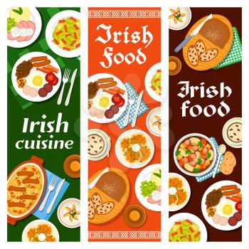 Irish food cuisine, breakfast menu and Ireland dishes, vector banners with bread raisin, pudding and beef stew. Irish cuisine restaurant menu food lunch Dublin coddle, Brussels sprouts and bacon salad
